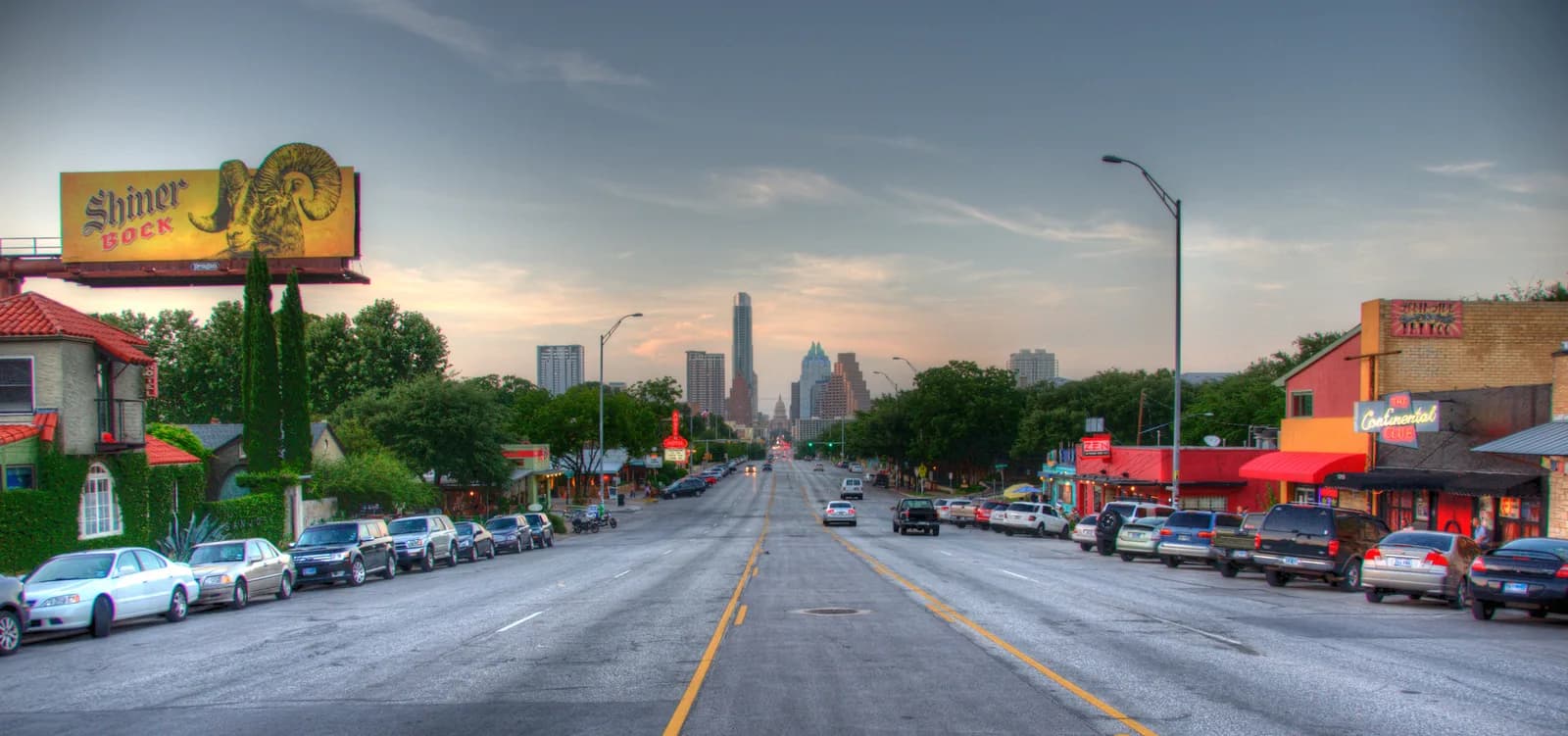 South Congress Avenue at dusk, looking north toward the Texas Capitol