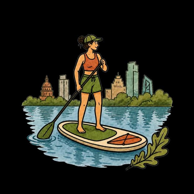 Illustrated paddleboarder on Lady Bird Lake in front of the Austin skyline